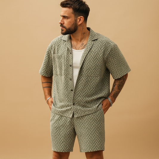 Summer set with geometric print and elastic waist for men